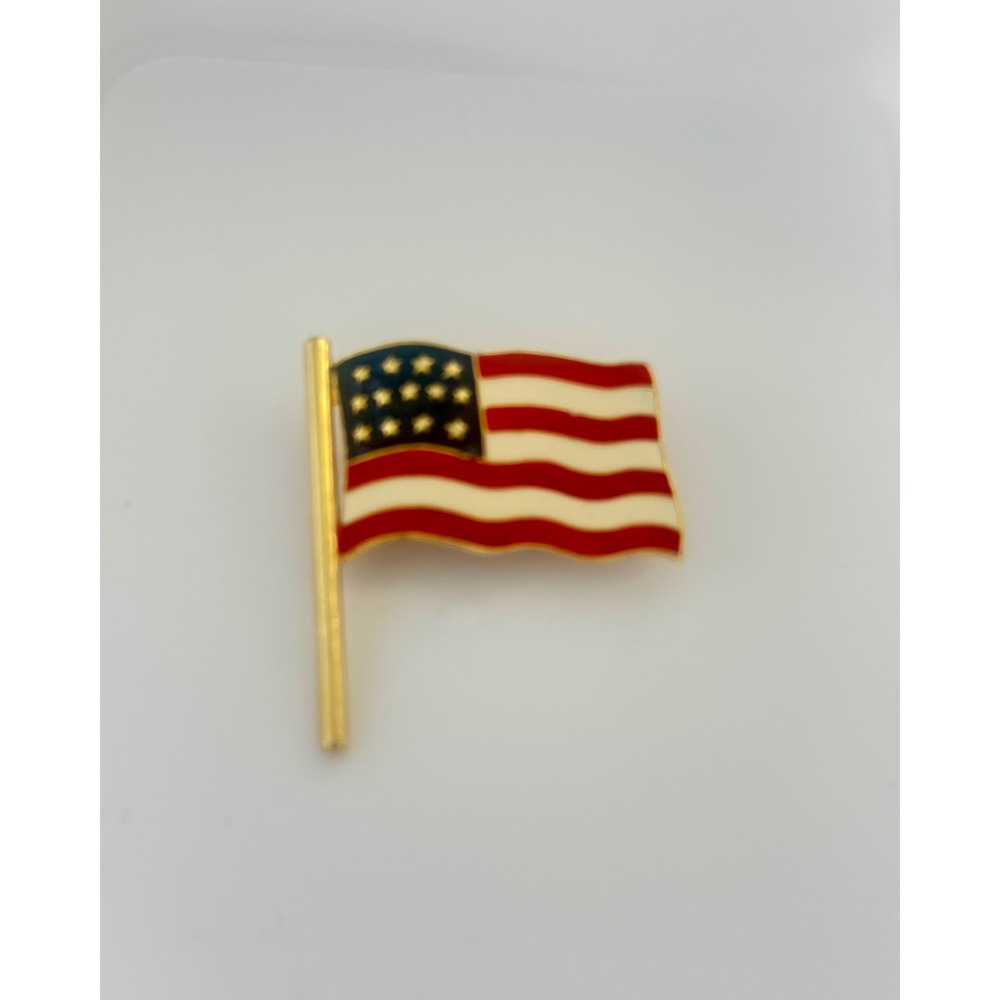 Vintage American Flag Brooch Gold Tone Enamel Patriotic Waving Flag Pin